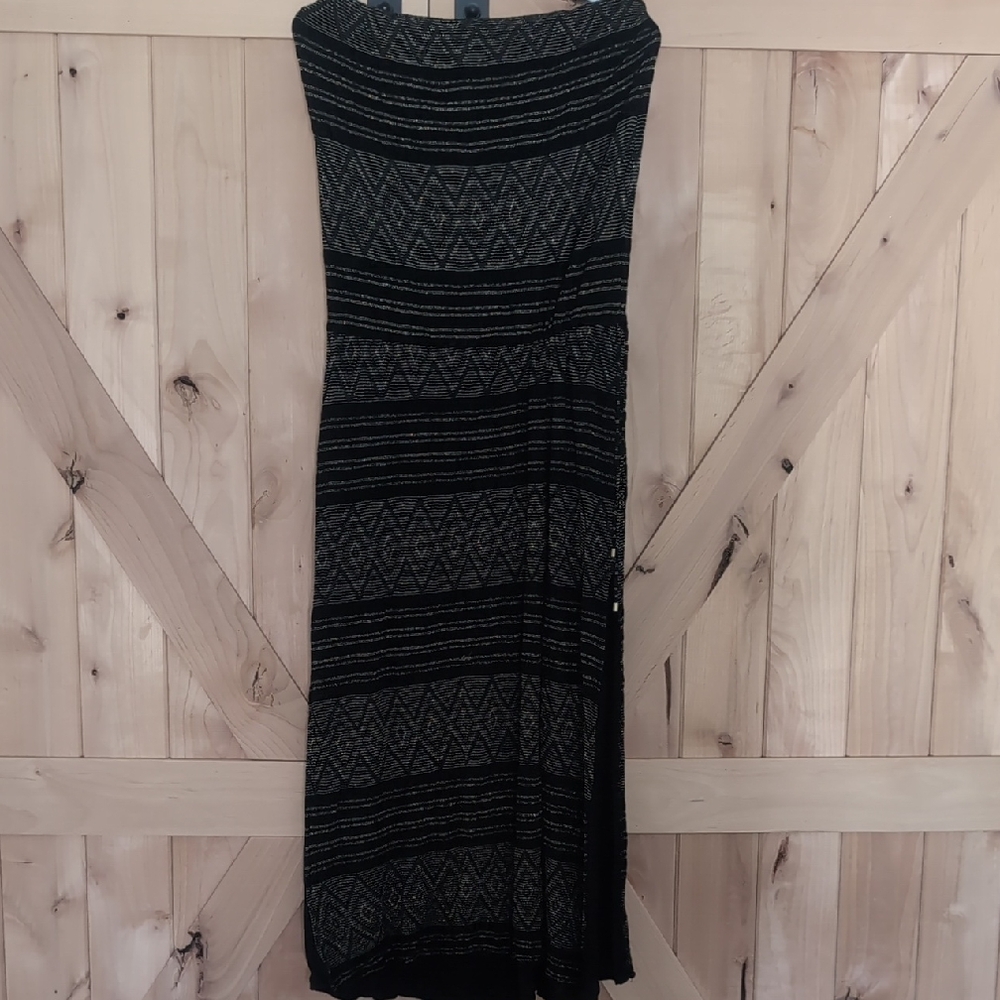 Vitamin A Black and Gold Strapless Patterned Maxi Dress